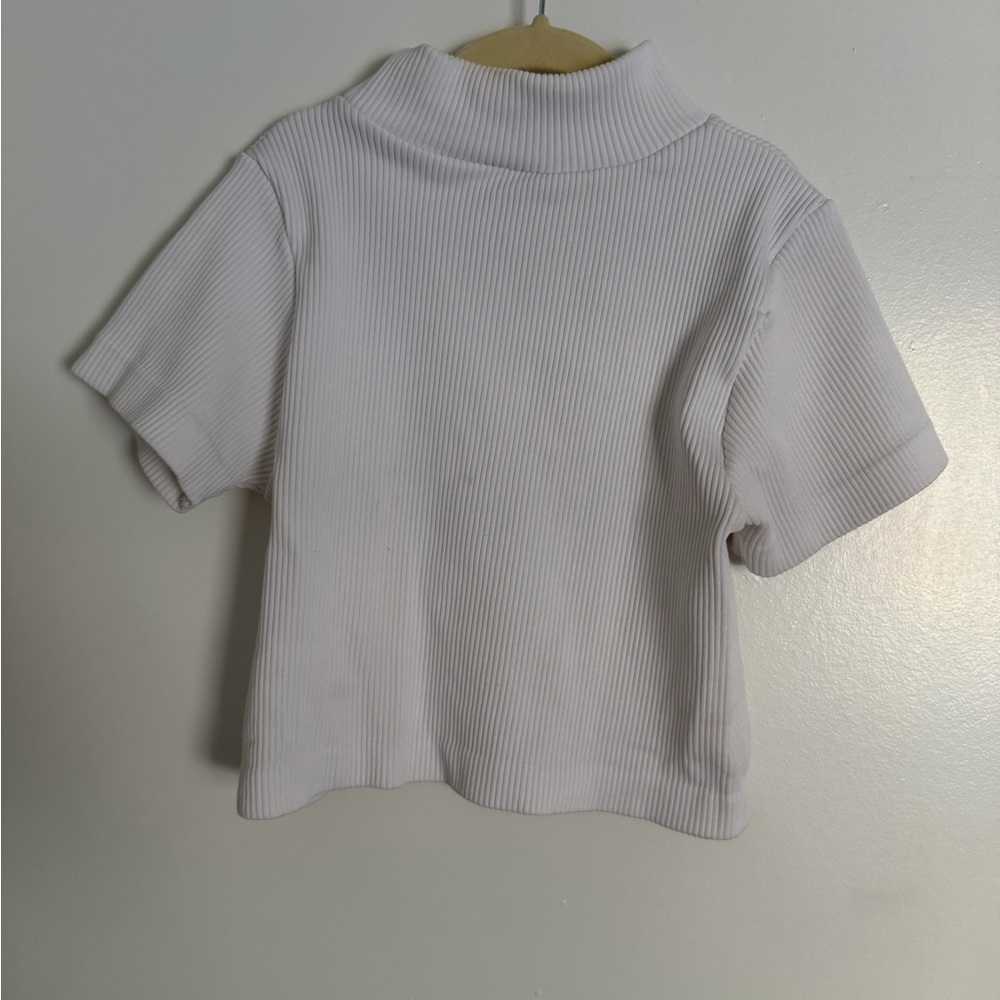 White Ribbed Crop Top Short Sleeve Mock Neck Crop - Size XS